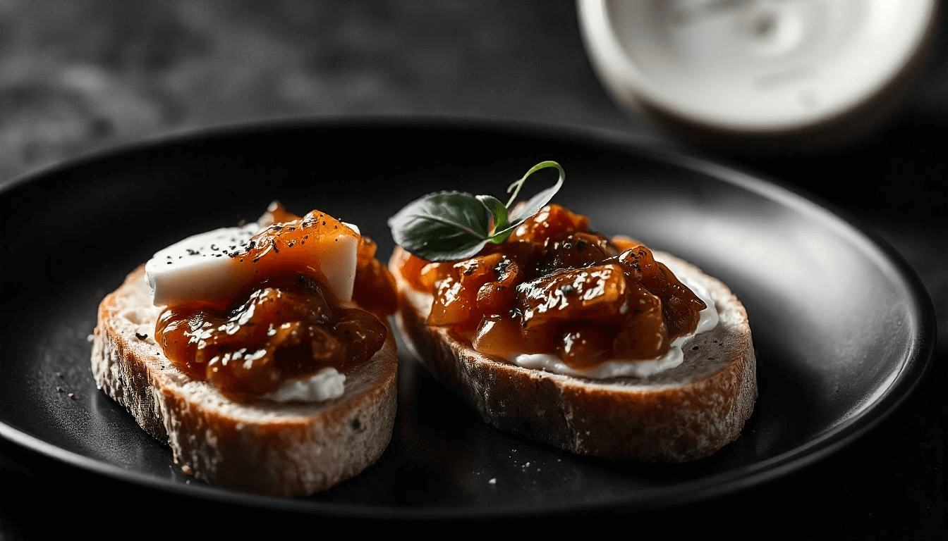 Mprousketes me Chutney Karamelomenon Kremmydion kai Katsikisio Tyri